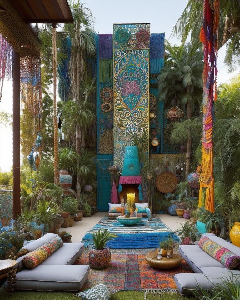 Bohemian backyard with intricate mosaic tile, colorful cushions, and tropical pool