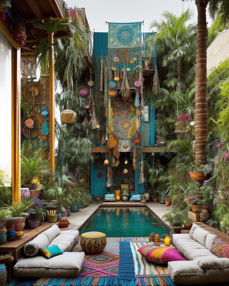 Bohemian backyard redesign with mosaic tile walls, tropical plantings, and vibrant poolside lounge