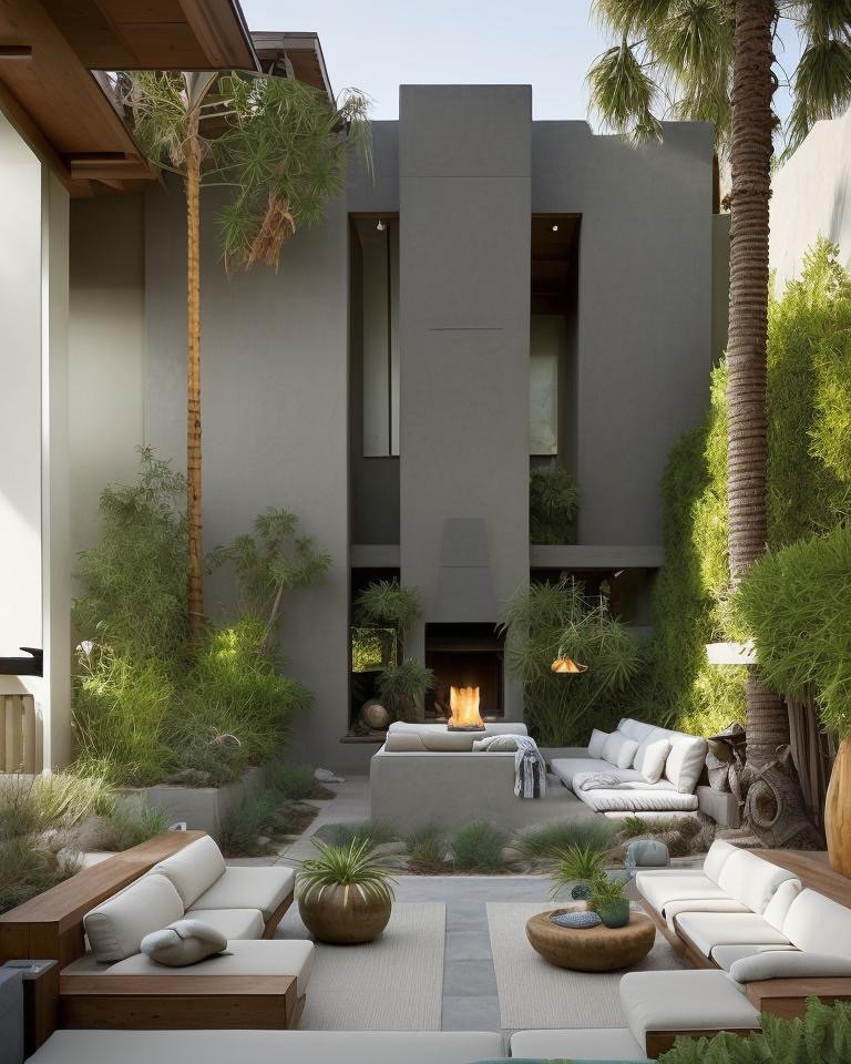 California Casual backyard with palm trees, ivory plaster walls, and light-filled paving