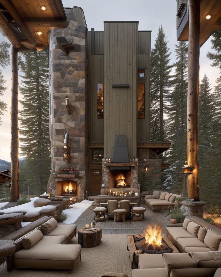 Chalet backyard with stacked stone hearth, timber columns, and alpine warmth