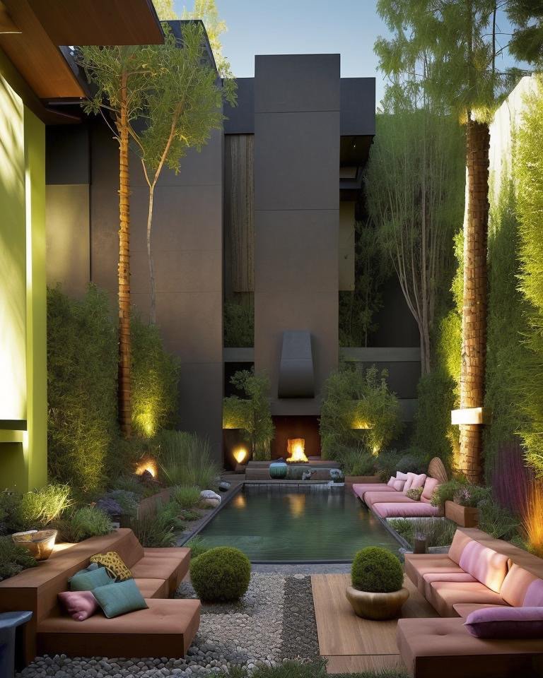 Expressionist backyard with bold terracotta and saffron palette, theatrical pool reflections
