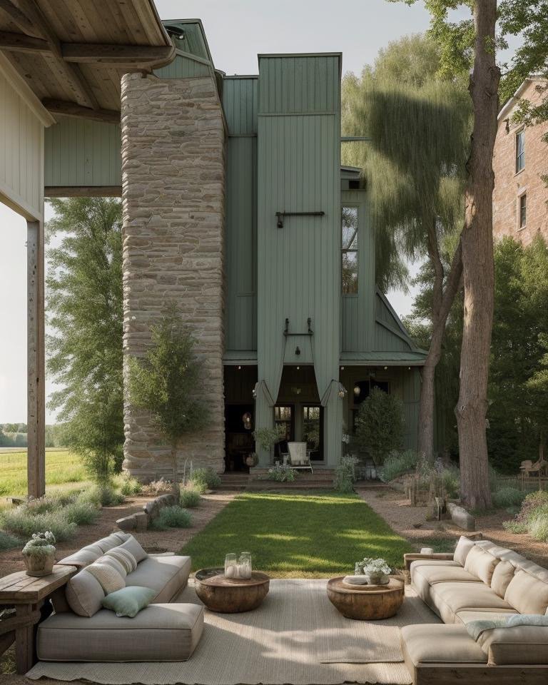 Farmhouse backyard with weathered sandstone walls, iron fixtures, and honey-colored light