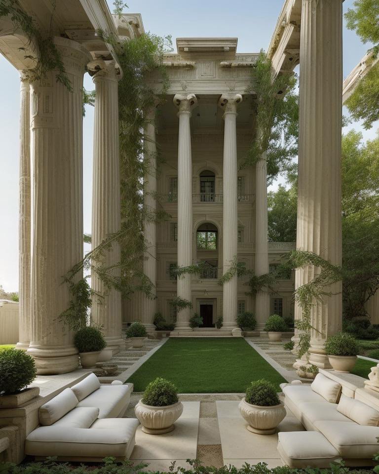 Greek Revival luxury backyard with Doric columns, classical facade, and formal garden