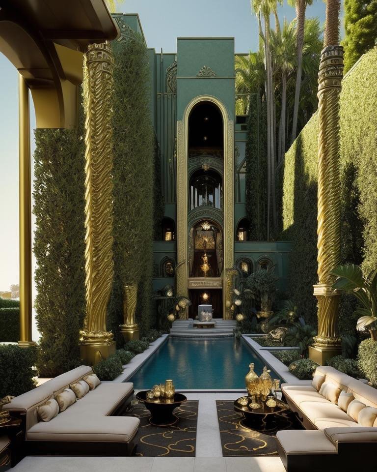 Hollywood Regency backyard with polished jade and champagne gold finishes
