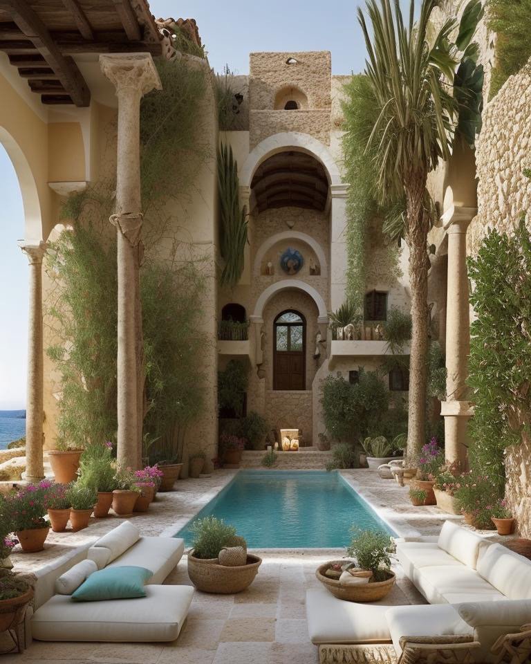 Mediterranean backyard with limestone arches, bougainvillea, and warm sunlight as architecture