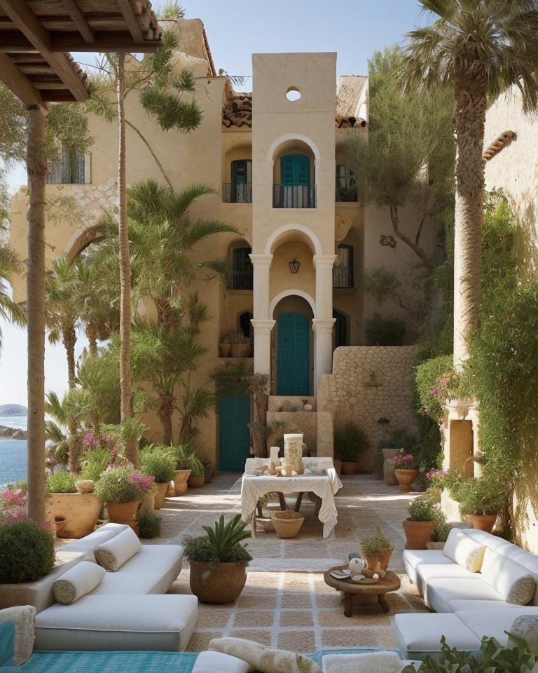 Mediterranean backyard redesign with limestone arches, warm terracotta, and sunlit courtyard pool