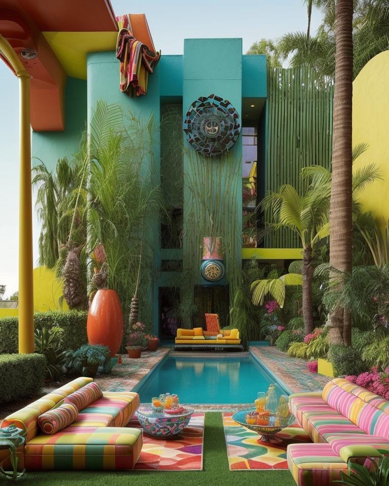 Retro backyard with turquoise and coral walls, checkerboard pool tiles, and cinematic nostalgia