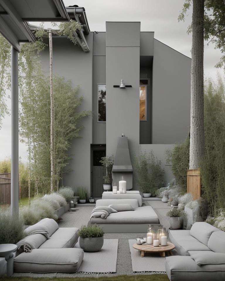 Scandinavian backyard with ashen birch, matte white surfaces, and diffused Nordic light