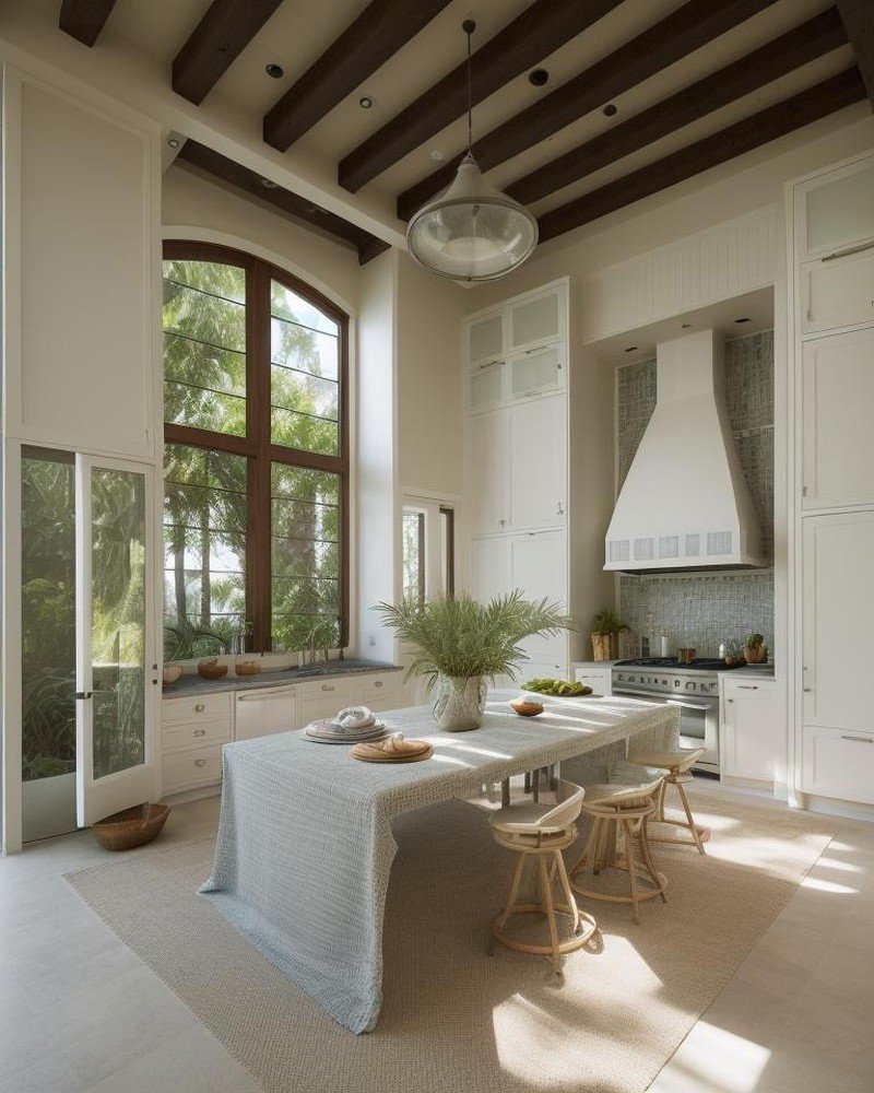 California Casual kitchen with light marble and open sightlines
