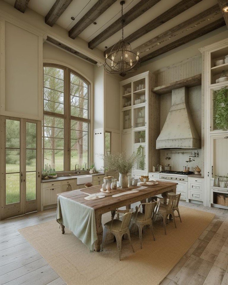 Farmhouse kitchen with weathered wood and ceramic accents