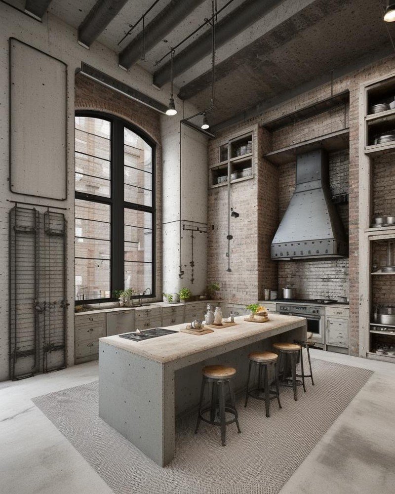 Industrial kitchen with steel columns and exposed ductwork