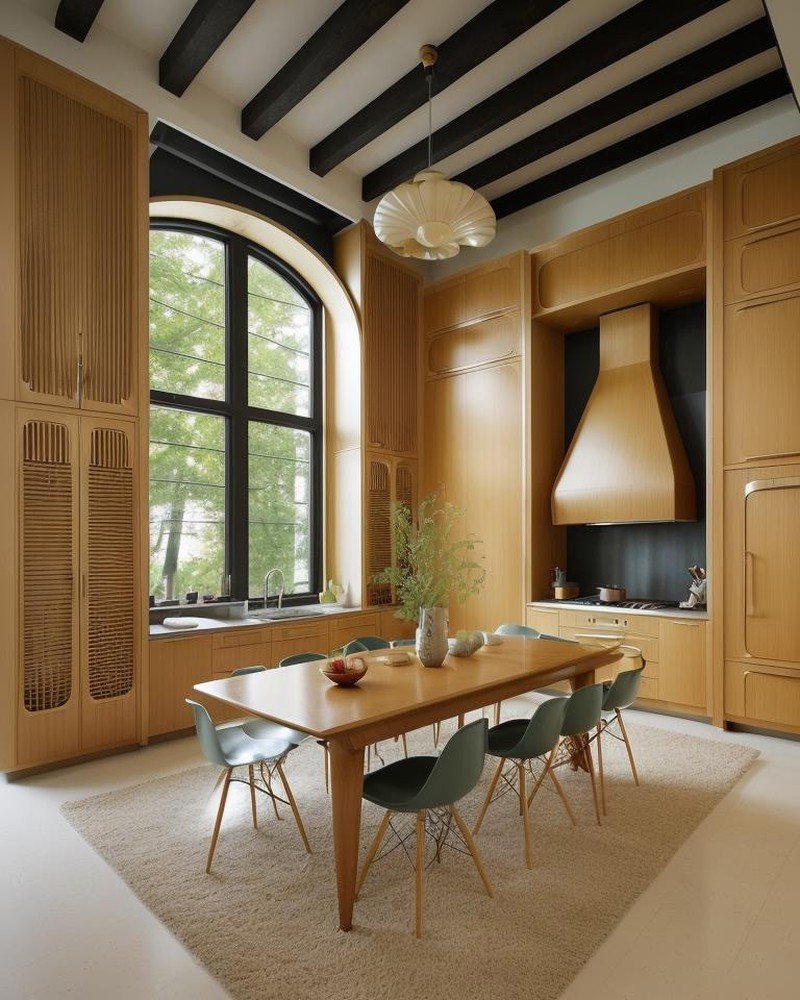 Mid-Century Modern kitchen with walnut cabinetry and sculptural pendant