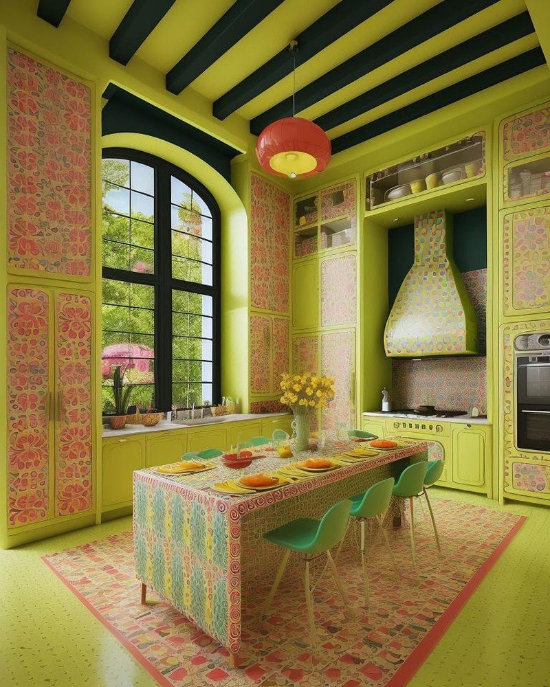 Retro kitchen with chrome accents and jewel-tone palette
