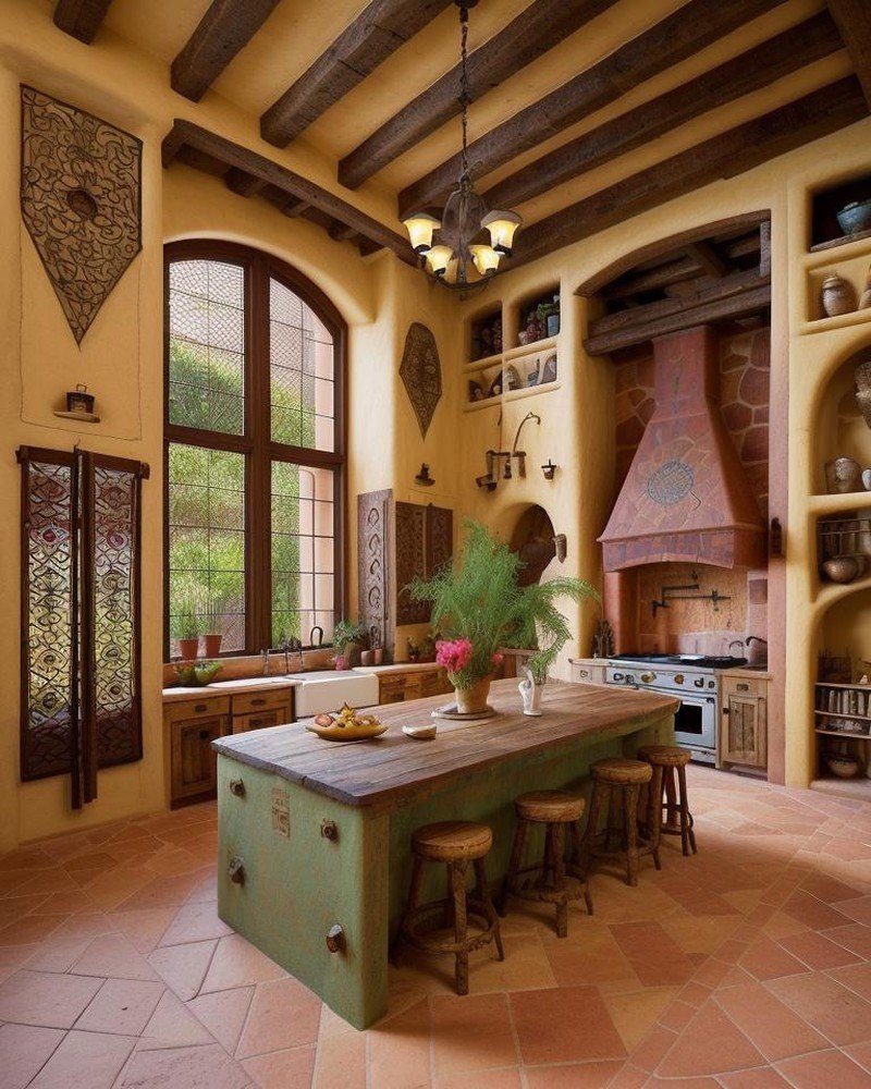 Spanish Colonial kitchen with terracotta tile and copper hoods