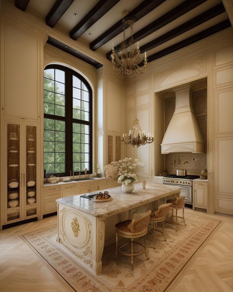 Traditional kitchen with classical chandelier and carved marble island
