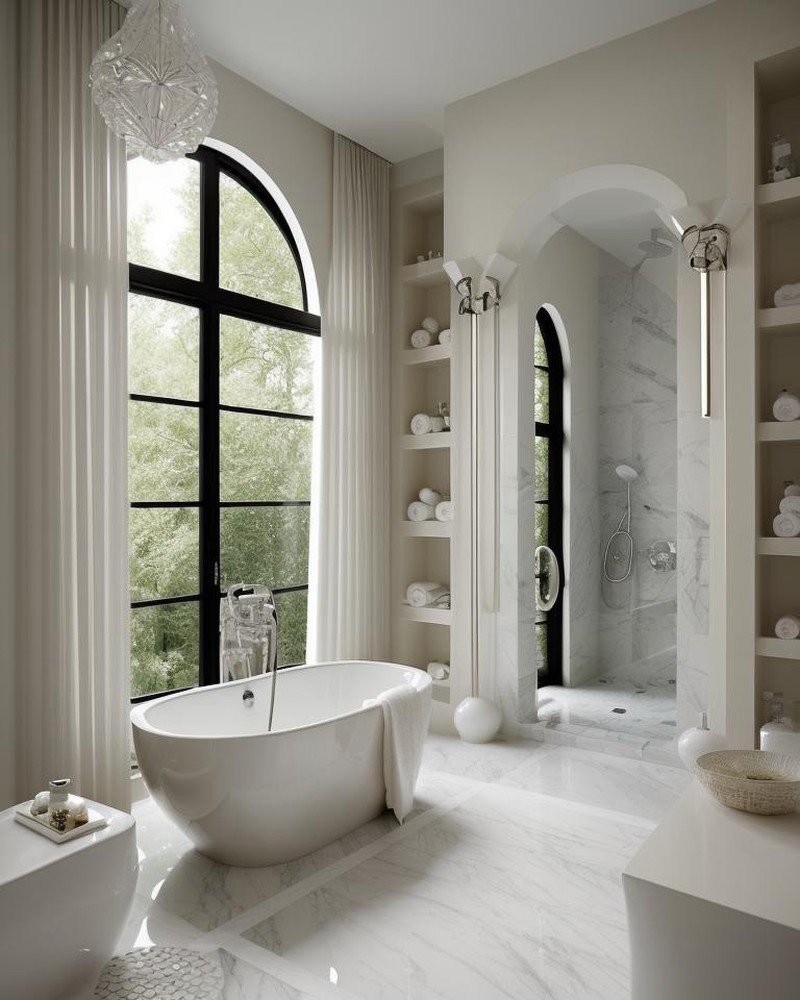 Chic Contemporary bathroom with honed marble and bronze fixtures