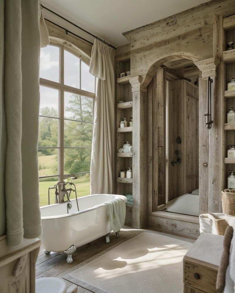 Farmhouse bathroom with weathered surfaces and enamel tub