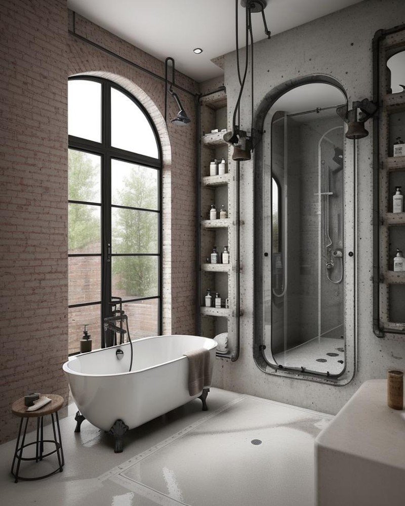 Industrial bathroom with exposed pipes and concrete floor