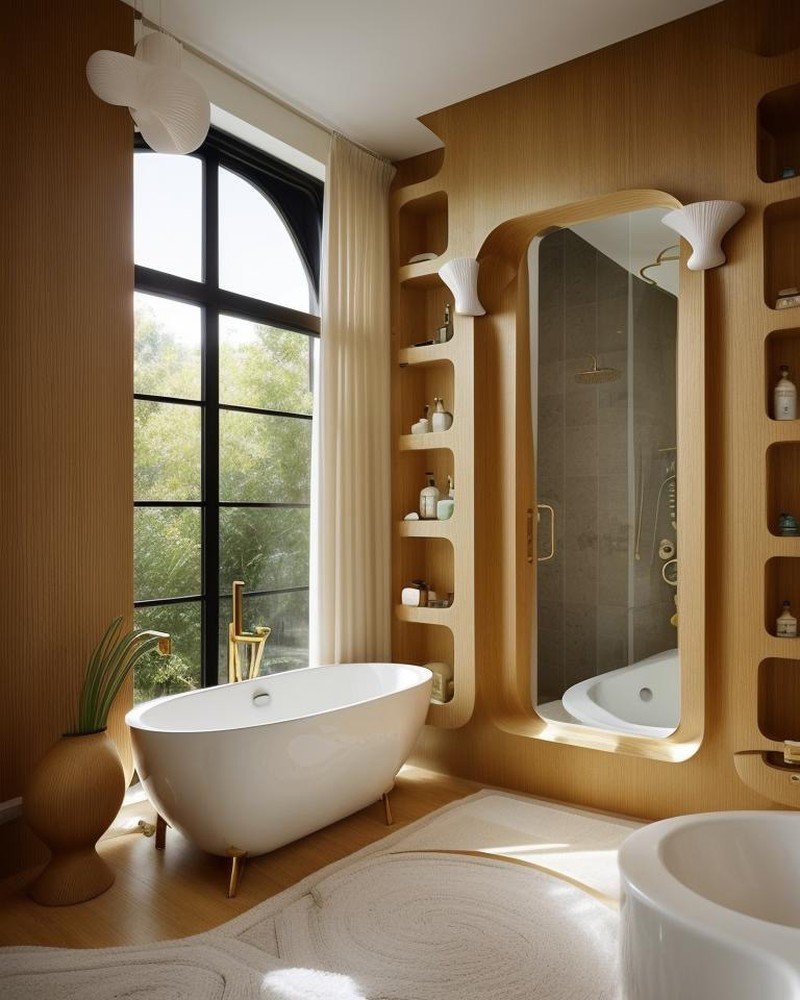 Mid-Century Modern bathroom with clean lines and teak accents