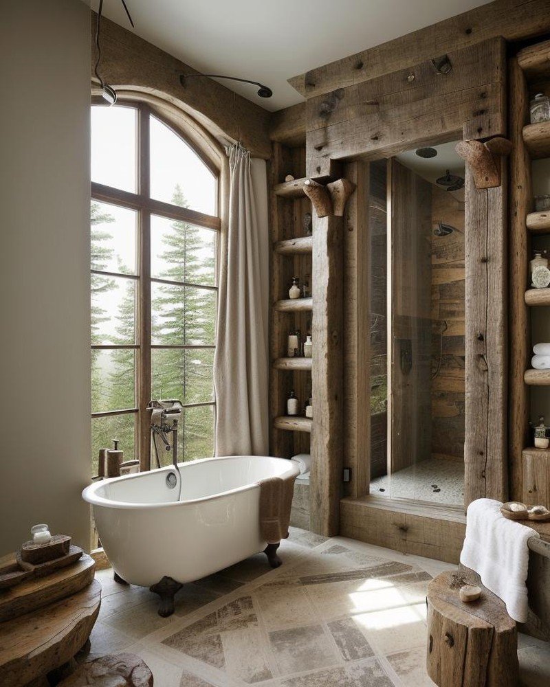 Rustic bathroom with stone walls and slate-lined tub