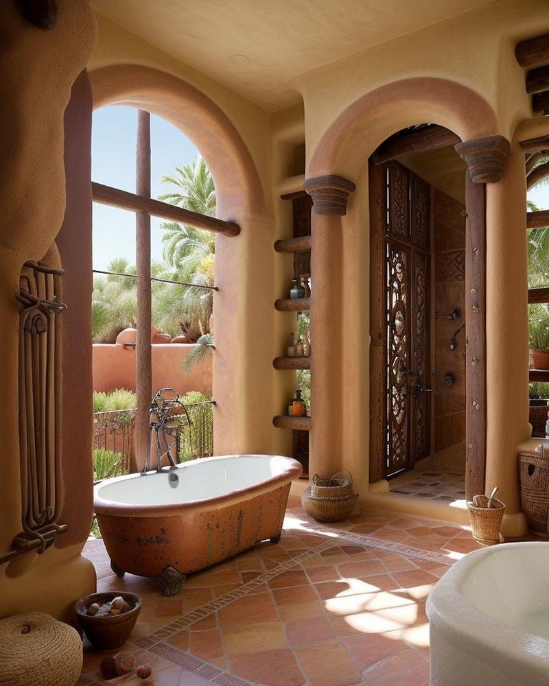 Spanish Colonial bathroom with terracotta and wrought iron