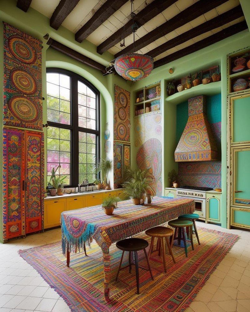 Bohemian kitchen with eclectic textures and warm layered materials
