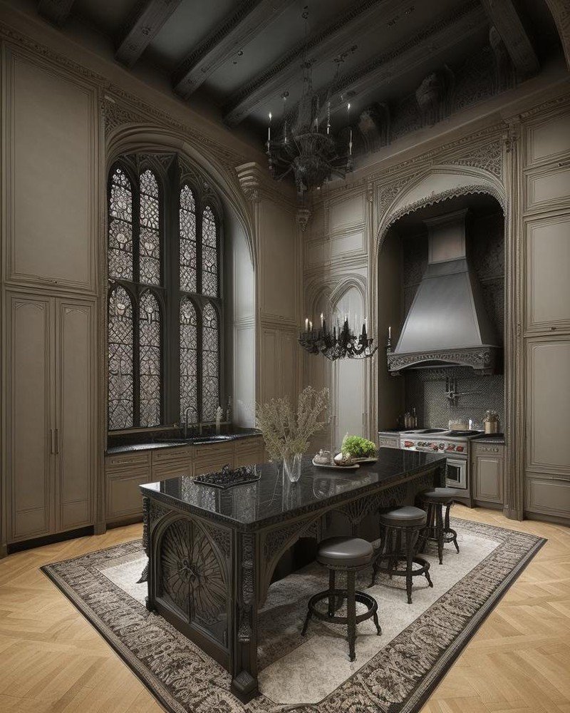 Gothic Revival kitchen with vaulted arches and dark timber