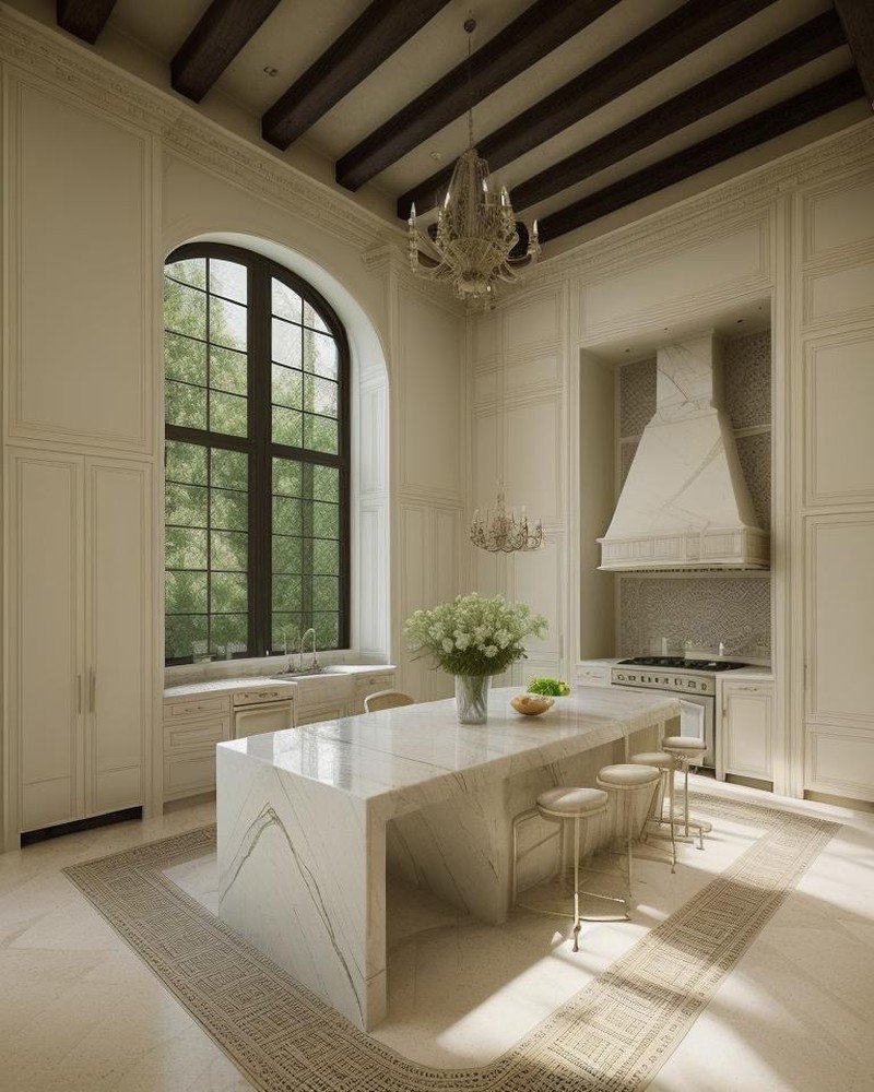 Greek Revival kitchen with classical columns and pale stone