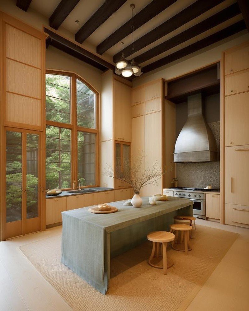 Japanese Zen kitchen with tatami undertones and shoji panels