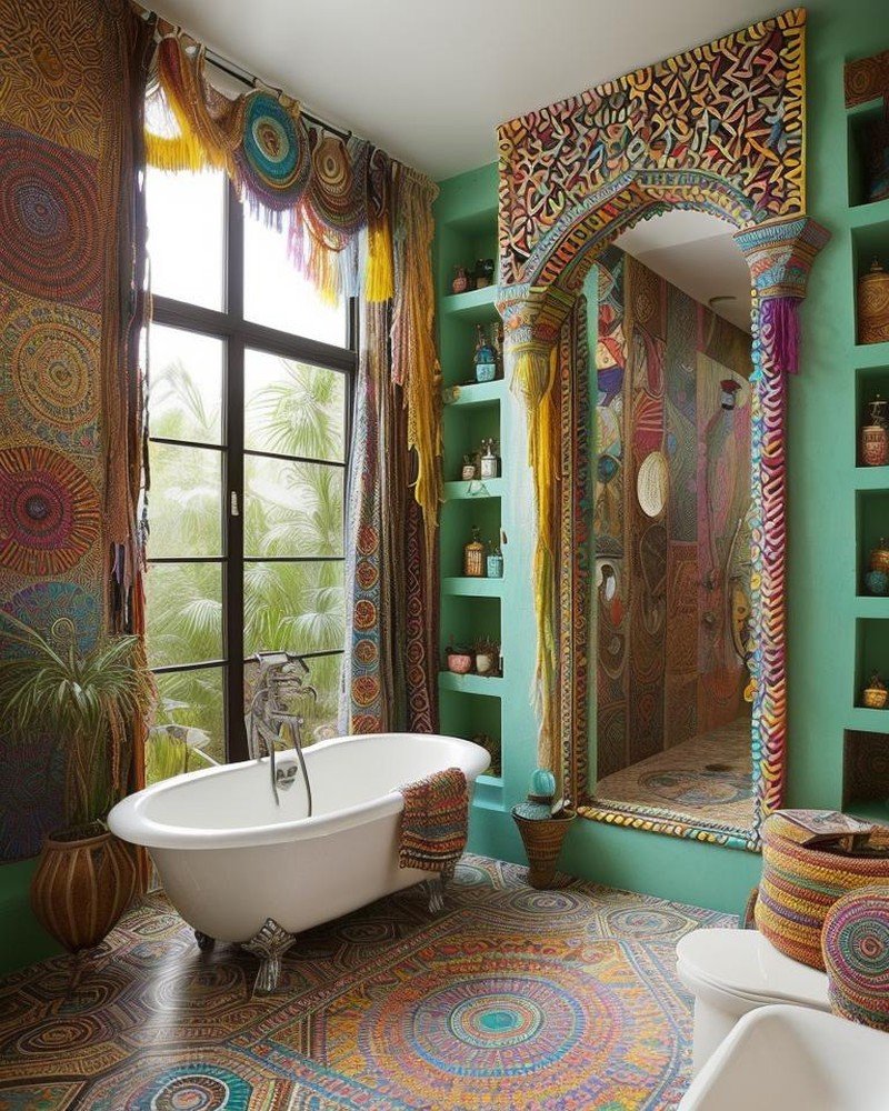Bohemian bathroom with layered textiles and eclectic ceramic details