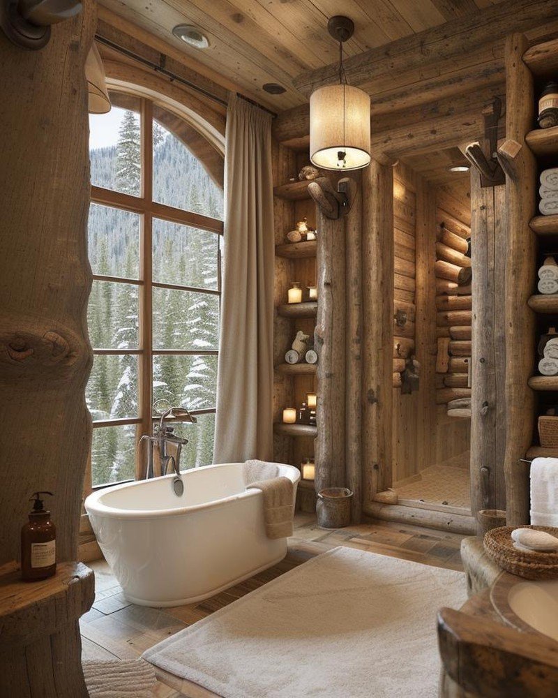 Chalet bathroom with timber beams and alpine warmth