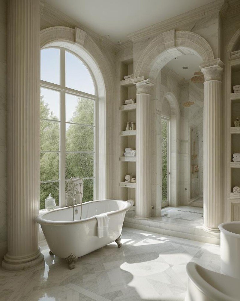 Greek Revival bathroom with columns and symmetrical marble