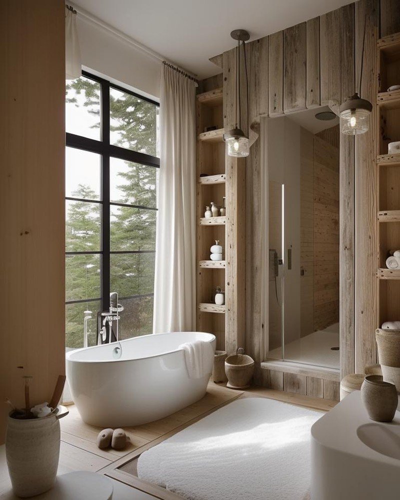 Japandi bathroom with restrained stone and timber dialogue