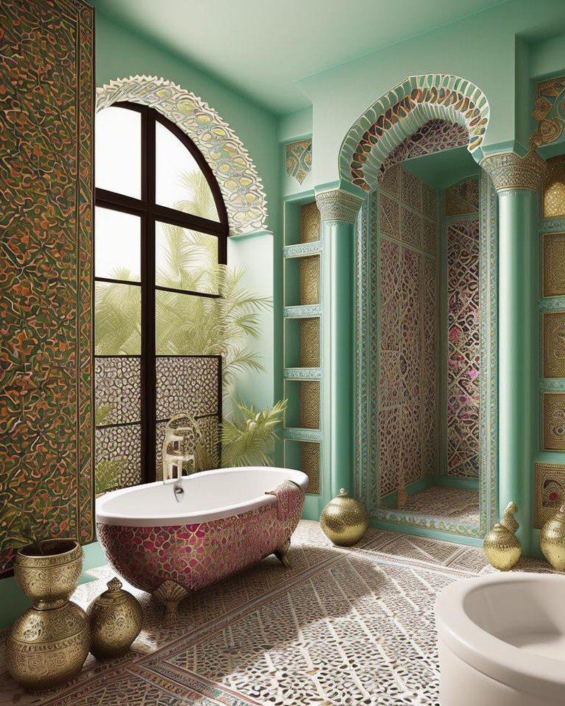 Moroccan bathroom with zellige tile and ornate brass fixtures