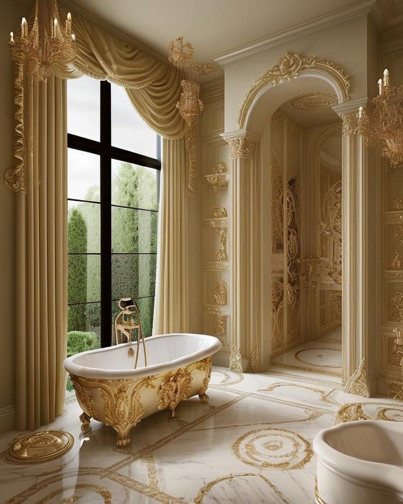 Rococo bathroom with gilded mirrors and ornamental curves