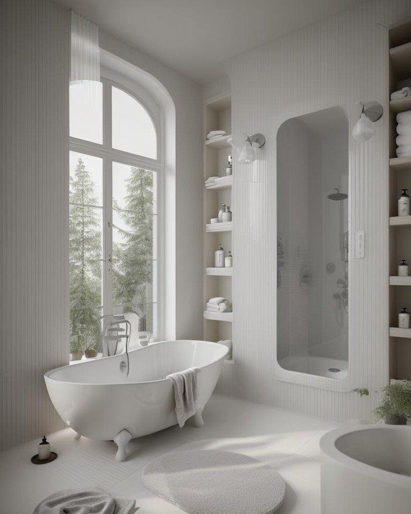 Scandinavian bathroom with pale wood and maximized natural light
