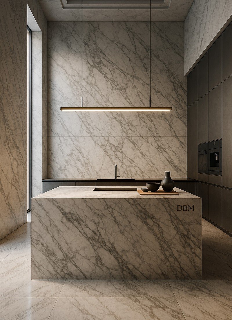 Modern fire-resilient kitchen design with marble surfaces and integrated safety systems
