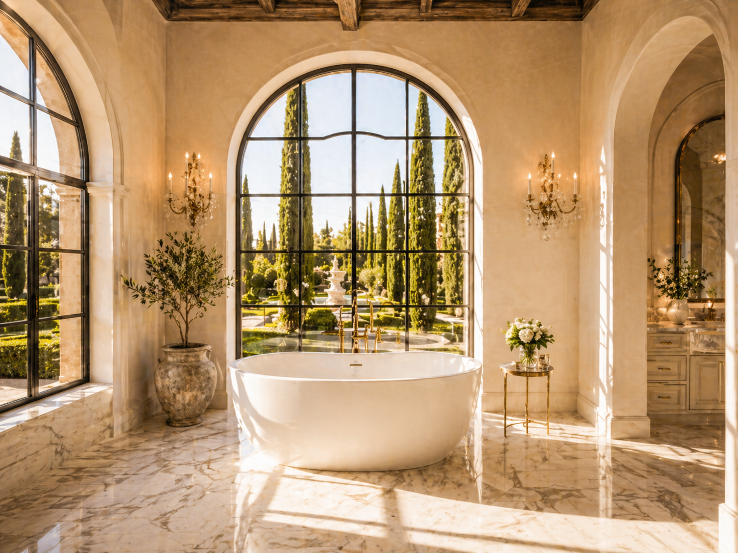 AI-integrated spa bathroom with circadian light systems and natural stone
