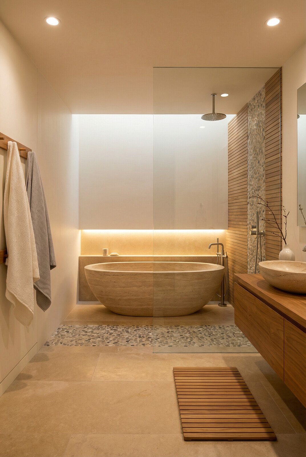 Shōrin Villa spa bath with veined travertine walls and natural light