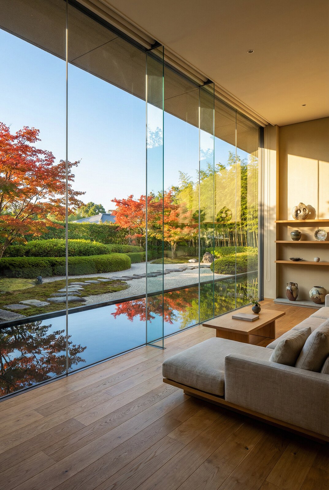 Shōrin Villa Japanese garden with reflecting pool, onyx backsplash, and curated plantings