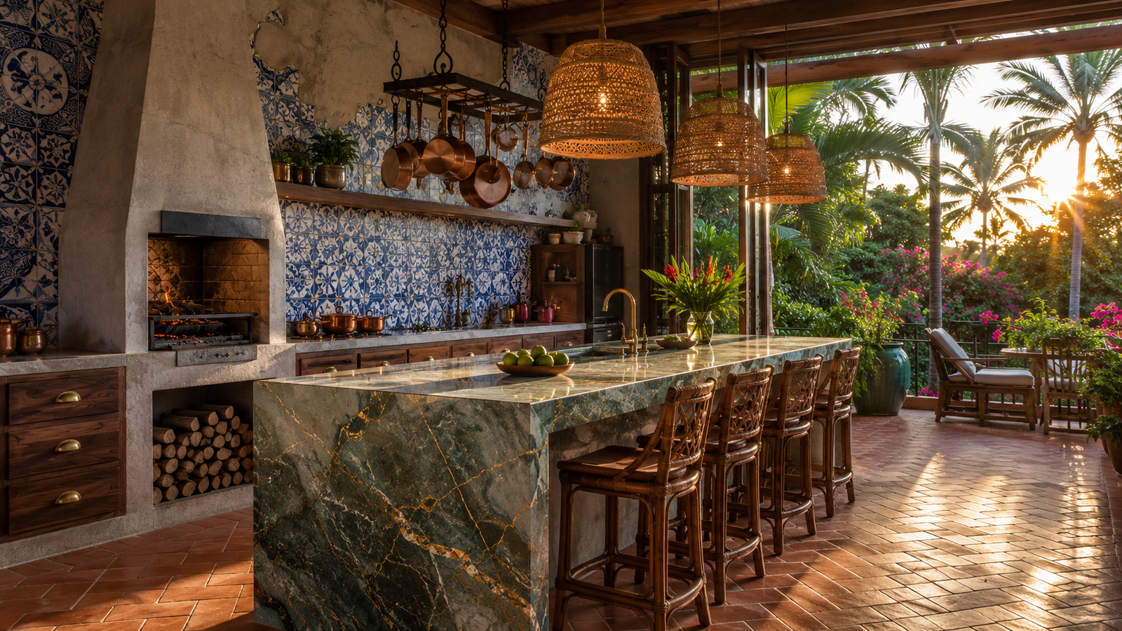 Cinematic 3D visualization of Brazilian tropical luxury kitchen with azulejo tiles and churrasqueira grill