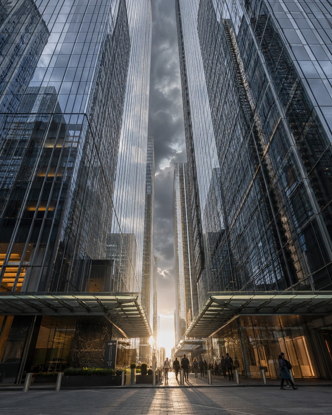 The slender tower viewed within the Manhattan canyon