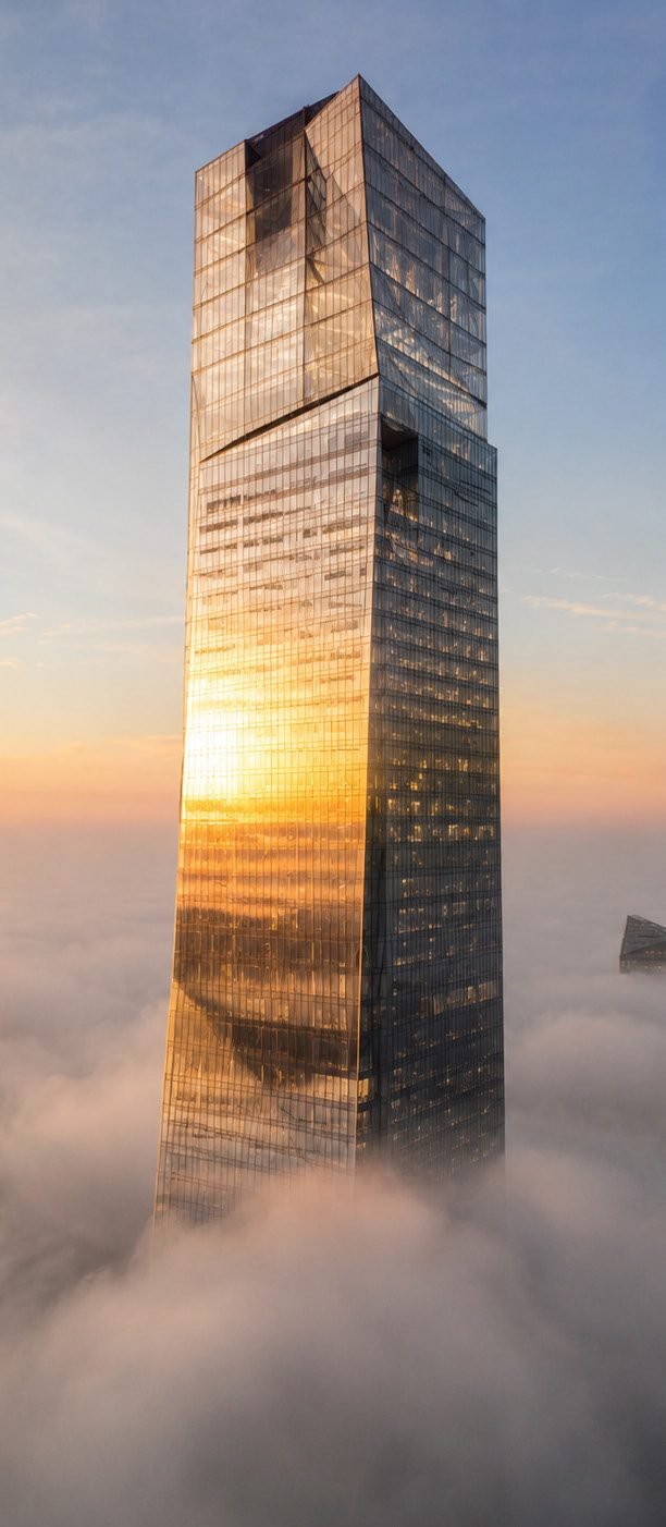 A dark glass supertall rising behind low nineteenth-century brick storefronts