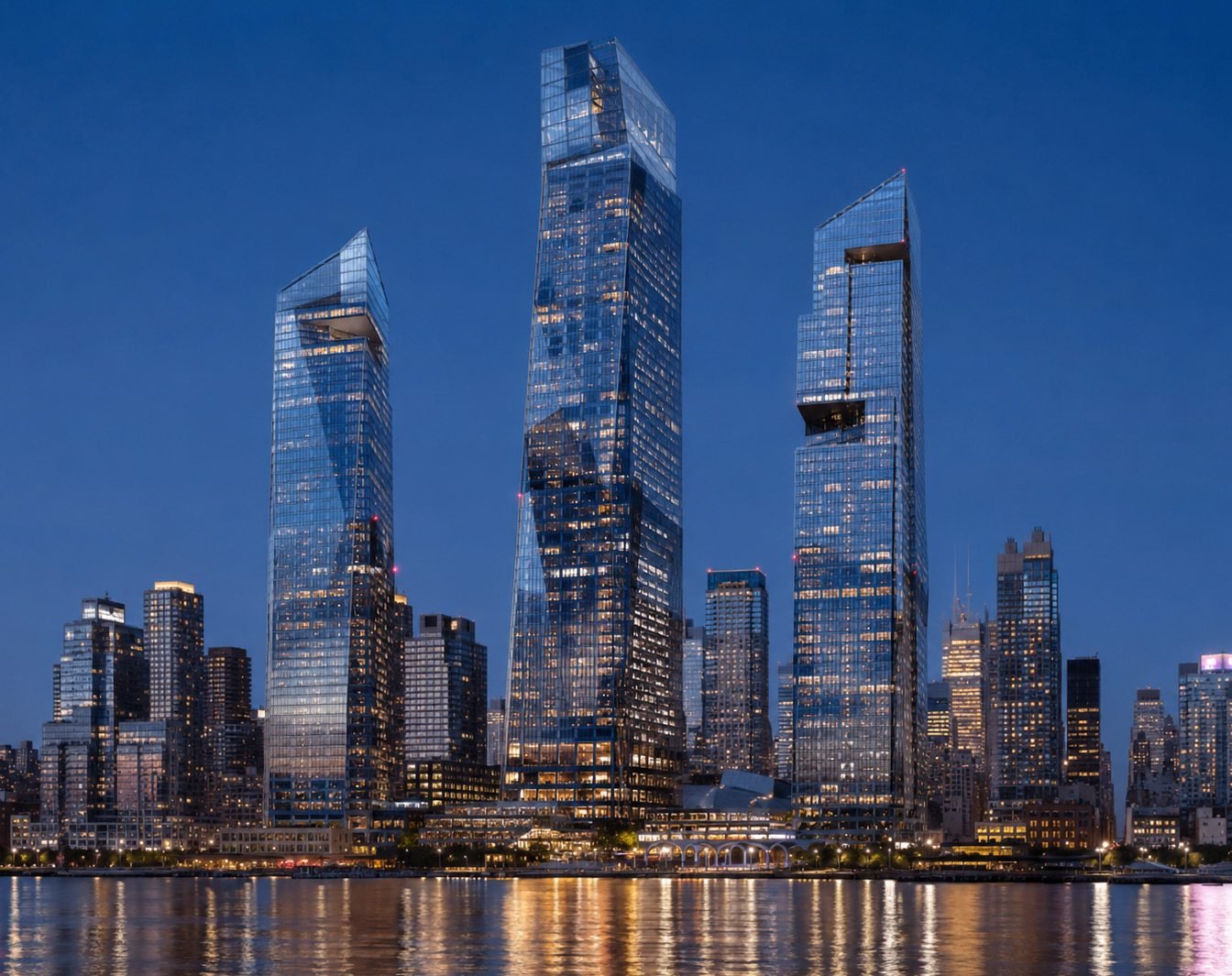 A waterfront city skyline layered in glass and historic brick