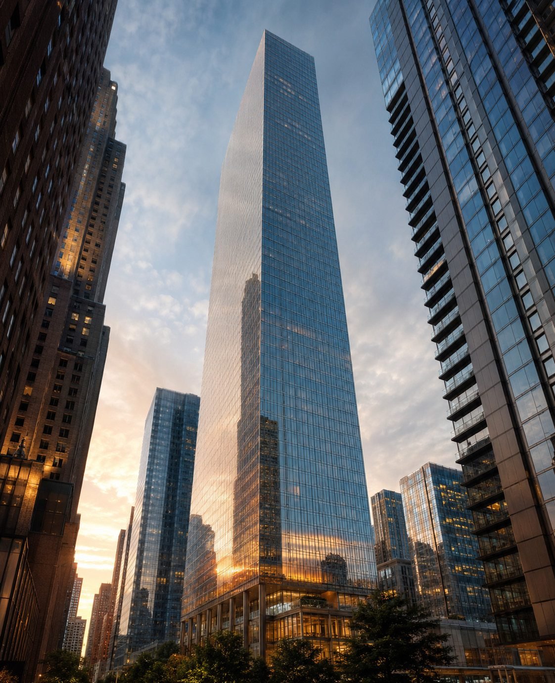 An all-glass luxury residential tower rising against a clear sky