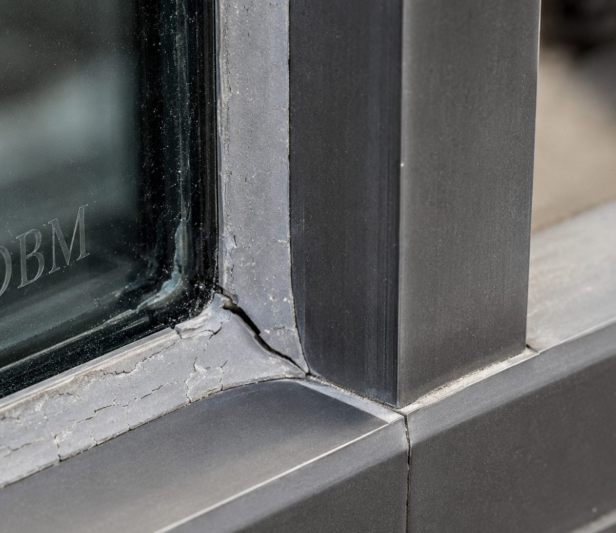 Close view of a structural silicone sealant joint bonding glass to an aluminum curtain wall frame