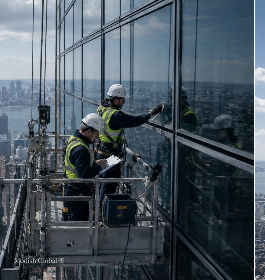 An inspection crew on a suspended cradle beside a tall building facade