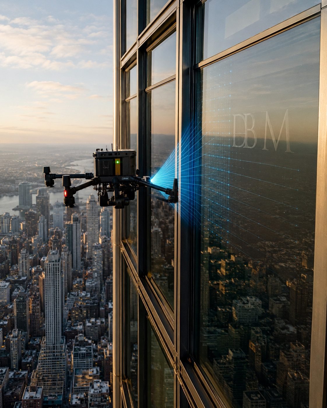 An autonomous drone scanning the glass facade of a high-rise tower