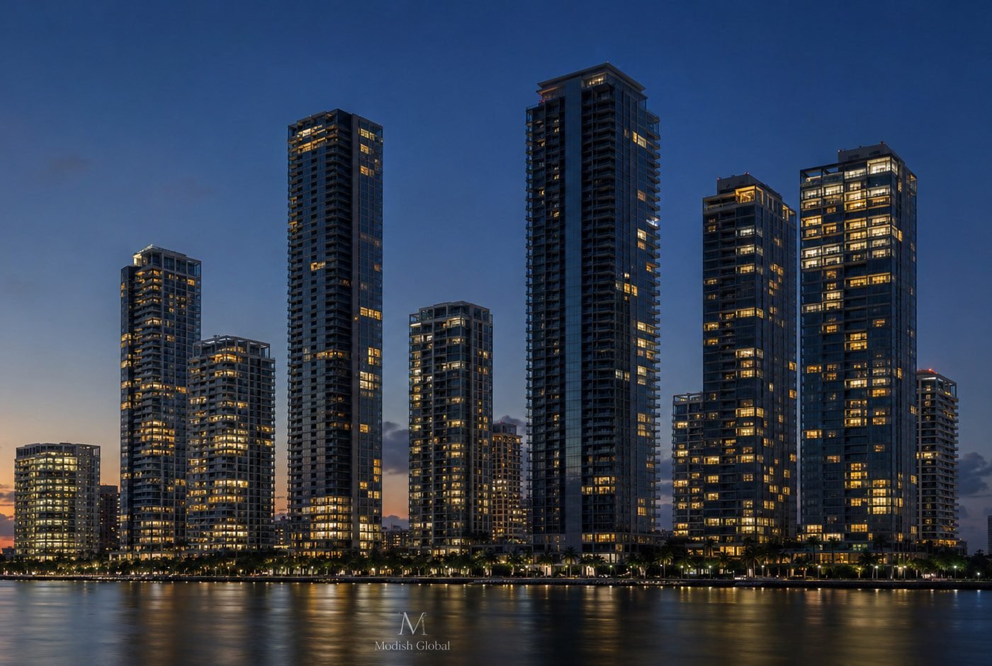 A coastal glass skyline lit against a dark sky