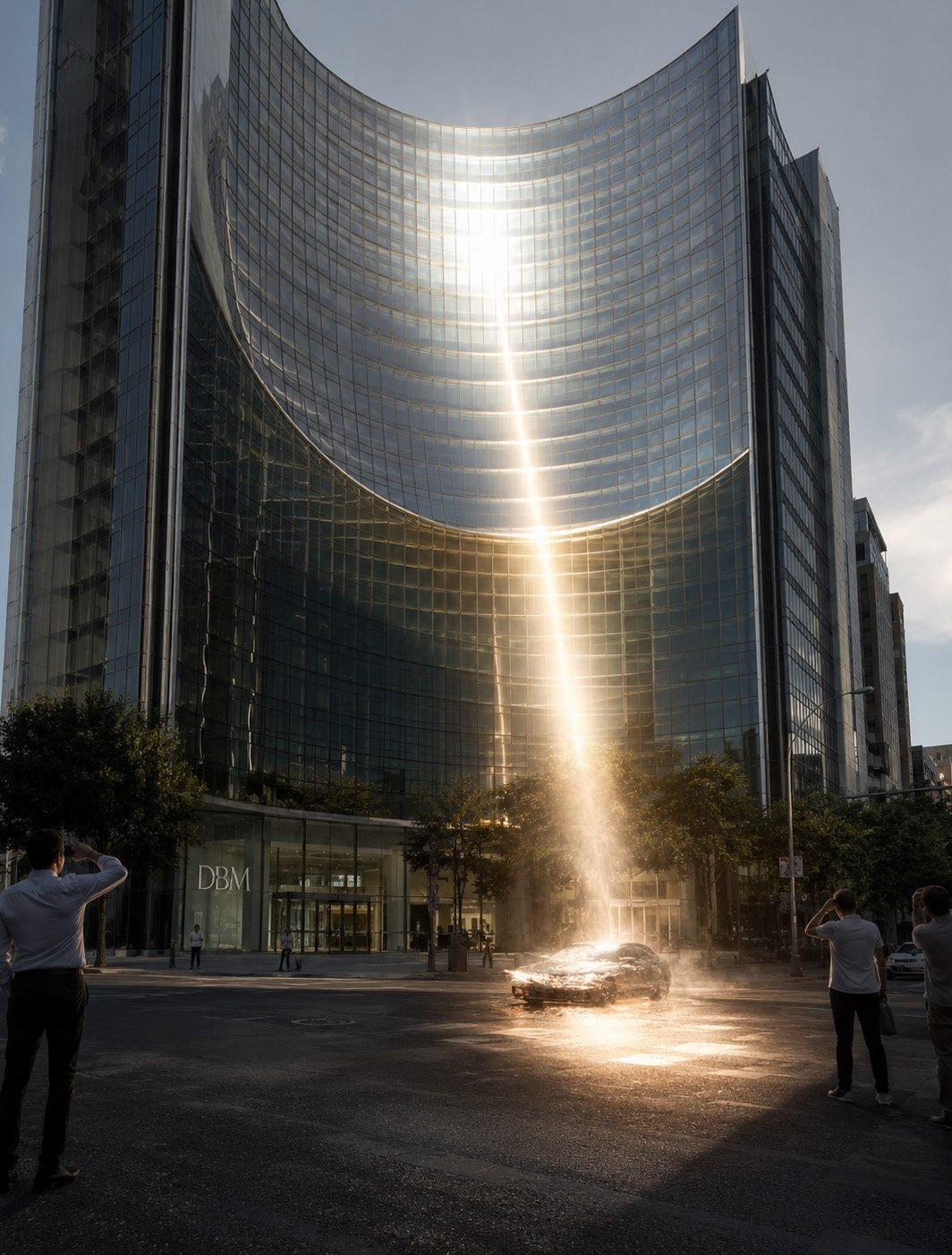 A concentrated beam of reflected sunlight focused from a concave glass facade onto a street below